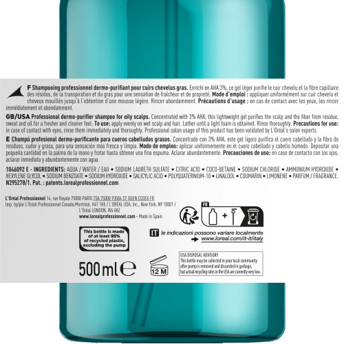 L'Oréal Professionnel Scalp Advanced Anti-Oiliness Dermo-Purifier Shampoo Valantis šampūnas riebiems plaukams 500ml