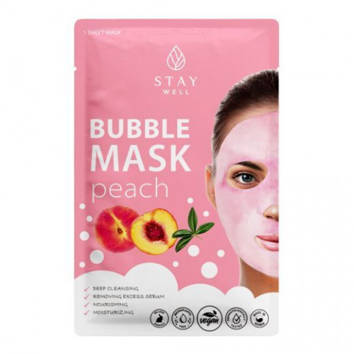 STAY WELL Nourishing & Moisturizing Deep Cleansing Bubble Mask Peach Giliai valanti, nuplaunama veido kaukė 1vnt.