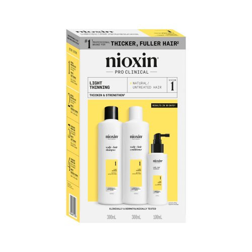 Nioxin Pro Clinical System 1 Kit Plaukų priežiūros produktų rinkinys nestipriai retėjantiems, natūraliems plaukams 300ml+300ml+100ml