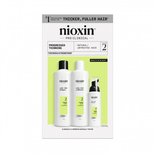 Nioxin Pro Clinical System 2 Kit Plaukų priežiūros produktų rinkinys stipriai retėjantiems, natūraliems plaukams 300ml+300ml+100ml