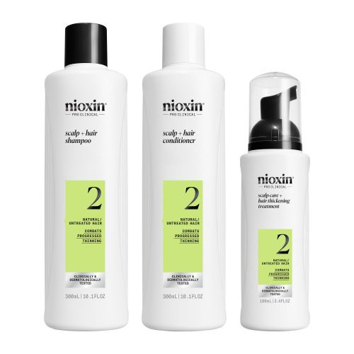 Nioxin Pro Clinical System 2 Kit Plaukų priežiūros produktų rinkinys stipriai retėjantiems, natūraliems plaukams 300ml+300ml+100ml