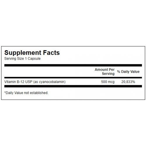 SWANSON Vitamin B12 500 mcg Energy and Metabolism Maisto papildas Vitaminas B12 100 kapsulių