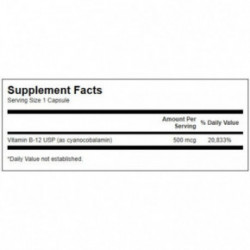 SWANSON Vitamin B12 500 mcg Energy and Metabolism Maisto papildas Vitaminas B12 100 kapsulių