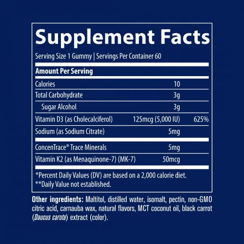 Trace Minerals Vitamin D3 + K2 Gummies Vitaminas D3+ K2 guminukų formoje 60 guminukų