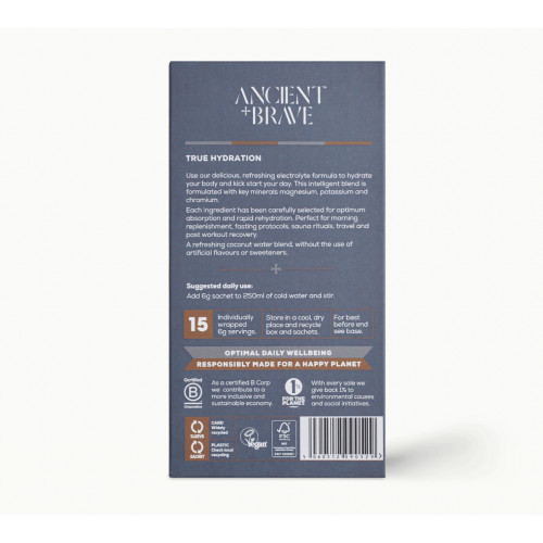 Ancient + Brave True Hydration Advanced Electrolyte Formula Elektrolitai pakuotėse 15x6g
