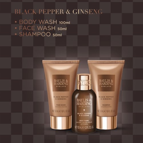 Baylis & Harding Signature Men's Black Pepper & Ginseng Gift Set Kūno priežiūros priemonių rinkinys vyrams su kosmetine