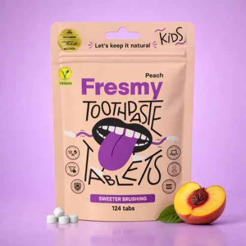 Fresmy Peach Toothpaste Tablets Dantų pastos tabletės vaikams 30 tabs