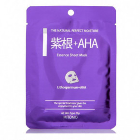 Mitomo Essence Mask with AHA and Lithospermum Veido kaukė su AHA ir kietagrūdžių ekstraktu 25g