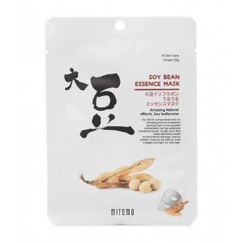 Mitomo Soy Bean Essence Face Mask Lakštinė veido kaukė su sojų pupelių ekstraktu 26g