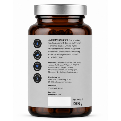 Aurio Food Supplement Magnesium Bisglycinate 300 mg Maisto papildas magnio bisglicinatas 120 kapsulių