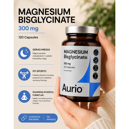 Aurio Food Supplement Magnesium Bisglycinate 300 mg Maisto papildas magnio bisglicinatas 120 kapsulių