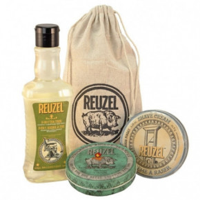 Reuzel Sh*t, Shower & Shave Set Rinkinys vyrų kūno ir plaukų priežiūrai su skutimosi kremu ir aromatine žvake 350ml+95.8g+113g