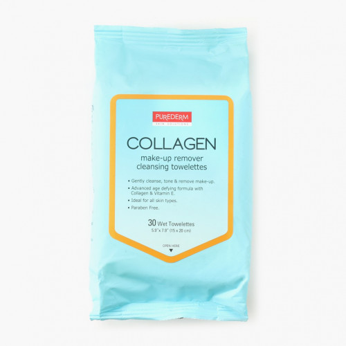Purederm Collagen Make-Up Remover Cleansing Towelettes Drėgnos servetėlės makiažui valyti 30vnt