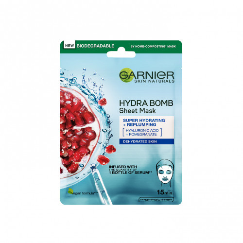 Garnier Hydra Bomb Pomegranate Sheet Mask Itin stipriai drėkinanti lakštinė kaukė su granatais 28g