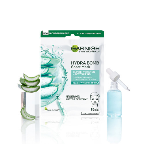 Garnier Hydra Bomb Aloe Sheet Mask Drėkinanti lakštinė veido kaukė su hialuronu ir organinio alavijo ekstraktu 28g