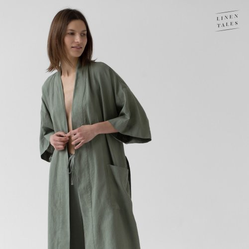 Linen Tales Four Leaf Clover Linen Summer Bathrobe Unisex Lininis chalatas trumpomis rankovėmis L-XL