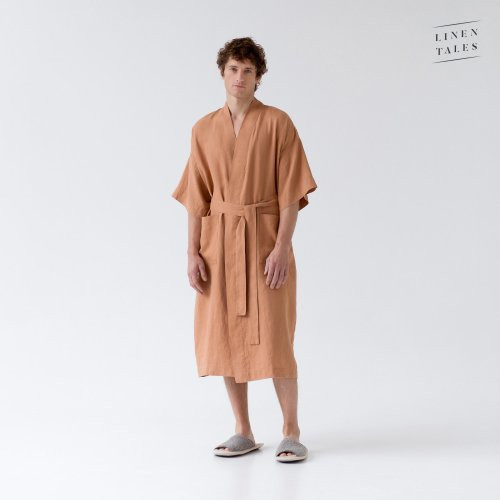 Linen Tales Butterum Linen Summer Bathrobe Unisex Lininis chalatas trumpomis rankovėmis S-M