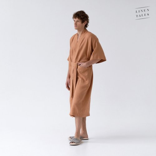 Linen Tales Butterum Linen Summer Bathrobe Unisex Lininis chalatas trumpomis rankovėmis S-M