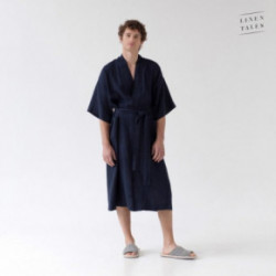 Linen Tales Bilberry Blue Linen Summer Bathrobe Unisex Lininis chalatas trumpomis rankovėmis S-M