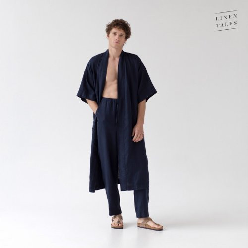 Linen Tales Bilberry Blue Linen Summer Bathrobe Unisex Lininis chalatas trumpomis rankovėmis S-M