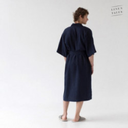 Linen Tales Bilberry Blue Linen Summer Bathrobe Unisex Lininis chalatas trumpomis rankovėmis S-M