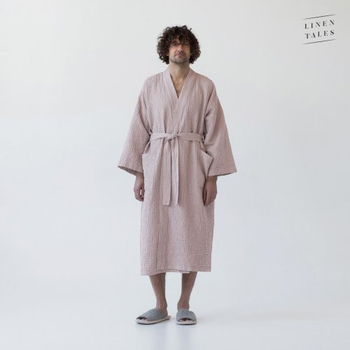 Linen Tales Powder Linen & Cotton Honeycomb Waffle Bathrobe Unisex Lininis vonios chalatas S-M