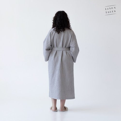 Linen Tales Light Grey Linen & Cotton Honeycomb Waffle Bathrobe Unisex Lininis vonios chalatas S-M