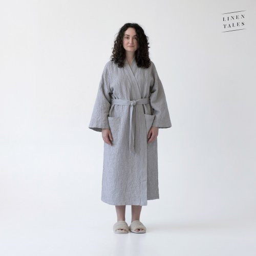 Linen Tales Light Grey Linen & Cotton Honeycomb Waffle Bathrobe Unisex Lininis vonios chalatas S-M