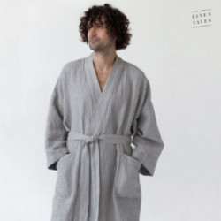 Linen Tales Light Grey Linen & Cotton Honeycomb Waffle Bathrobe Unisex Lininis vonios chalatas S-M