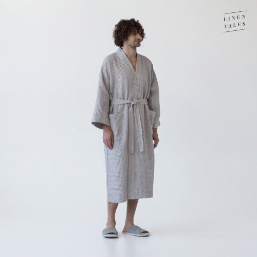 Linen Tales Light Grey Linen & Cotton Honeycomb Waffle Bathrobe Unisex Lininis vonios chalatas S-M