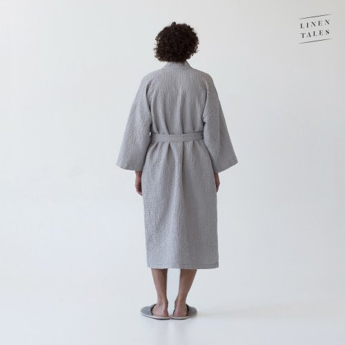 Linen Tales Light Grey Linen & Cotton Honeycomb Waffle Bathrobe Unisex Lininis vonios chalatas S-M