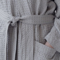 Linen Tales Light Grey Linen & Cotton Honeycomb Waffle Bathrobe Unisex Lininis vonios chalatas S-M