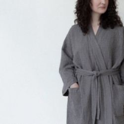 Linen Tales Dark Grey Linen & Cotton Honeycomb Waffle Bathrobe Unisex Lininis vonios chalatas S-M