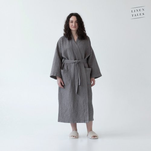 Linen Tales Dark Grey Linen & Cotton Honeycomb Waffle Bathrobe Unisex Lininis vonios chalatas S-M