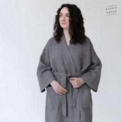 Linen Tales Dark Grey Linen & Cotton Honeycomb Waffle Bathrobe Unisex Lininis vonios chalatas S-M