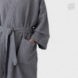 Linen Tales Dark Grey Linen & Cotton Honeycomb Waffle Bathrobe Unisex Lininis vonios chalatas S-M