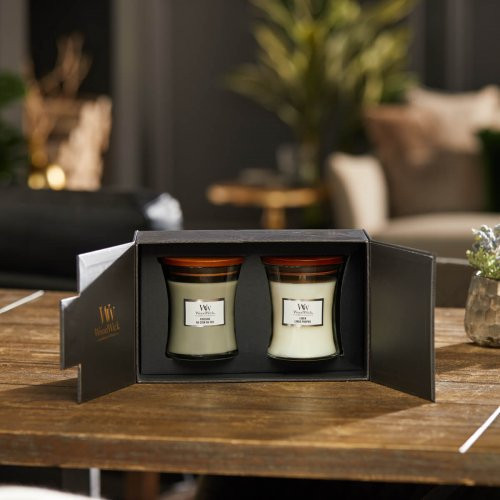 WoodWick Medium Core Fireside & Linen Gift Set Žvakės dovanų dėžutėje 2 vnt.