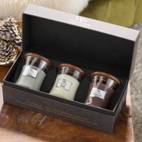 WoodWick Mini Core Fireside, White Teak, Sand & Driftwood Gift Set Žvakių rinkinys dovanų dėžutėje 3 vnt.