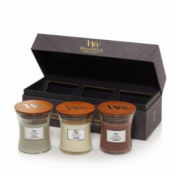 WoodWick Mini Core Fireside, White teak, Stone Washed Suede Gift Set Žvakių rinkinys dovanų dėžutėje 3vnt