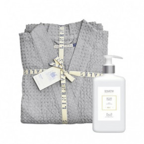 KlipShop Gift Set Linen Tales Light Grey Linen & Cotton Honeycomb Waffle Bathrobe + Breathe Shower Gel S-M