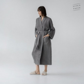 Linen Tales Dark Grey Linen & Cotton Honeycomb Waffle Bathrobe Unisex Lininis vonios chalatas S-M