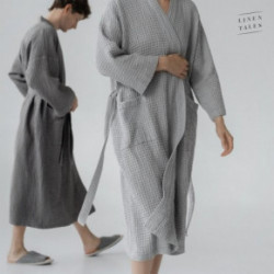 Linen Tales Dark Grey Linen & Cotton Honeycomb Waffle Bathrobe Unisex Lininis vonios chalatas S-M